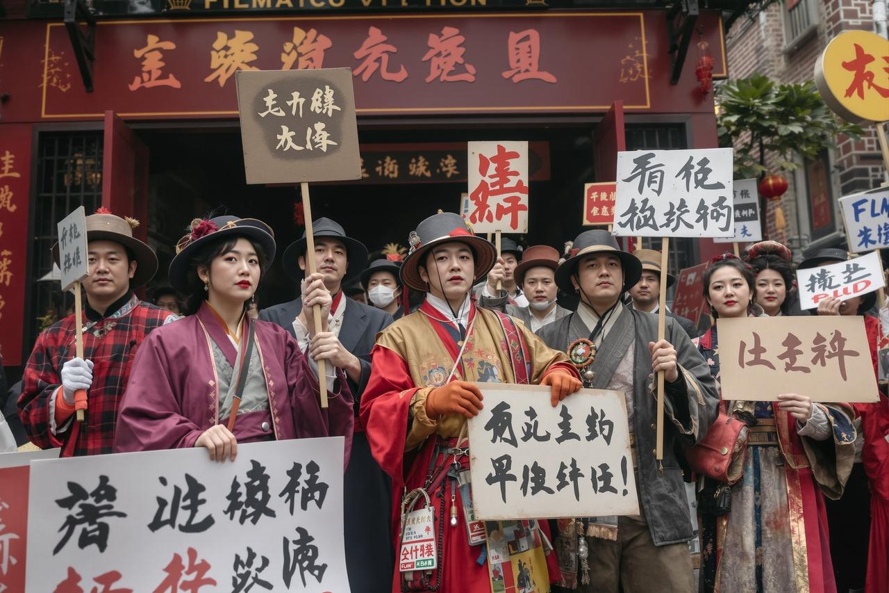 现场直击：某影视城古装群演大规模罢工，烈日下举牌控诉 - 55吃瓜